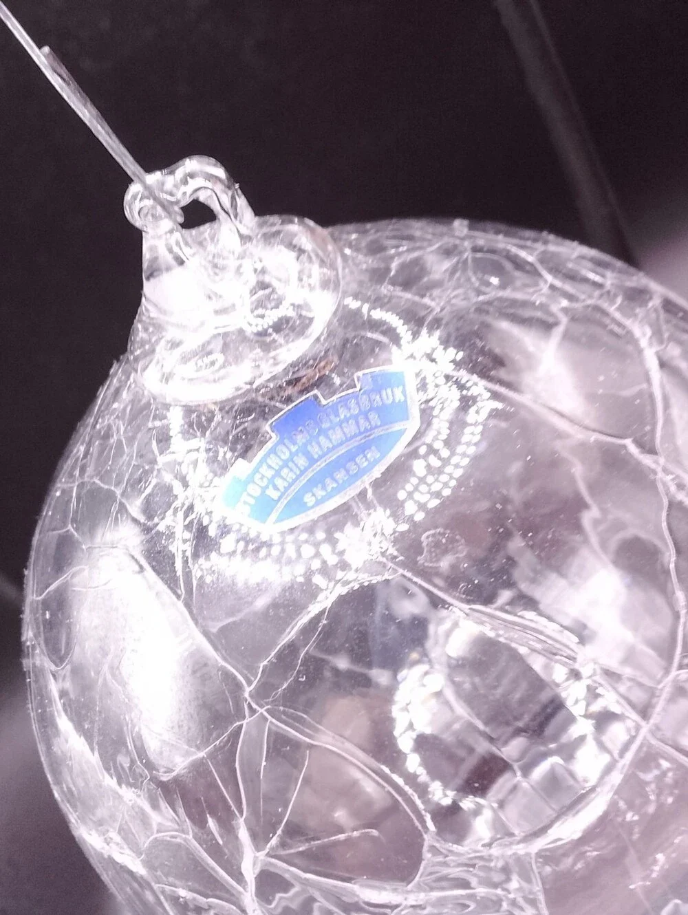 Stockholm Glasbruk Karin Hammar Branded Clear Crackle Glass Ornament